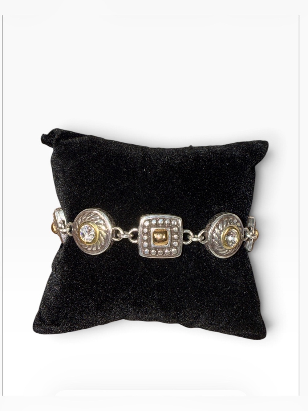 Brighton Heiress Vintage Silver Link Bracelet with Gold Accents and Clear Stones